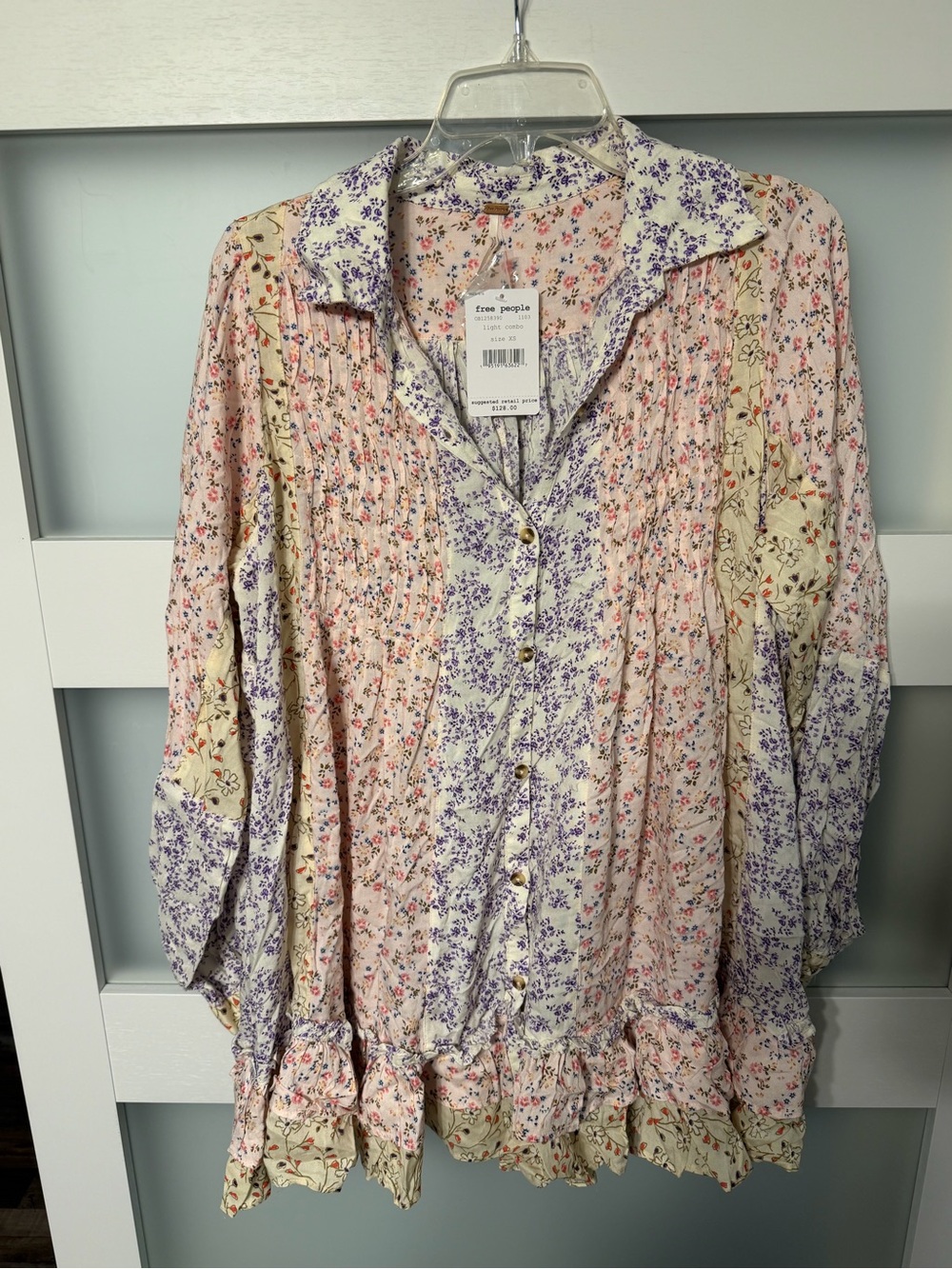 Free People Floral Patchwork Button-Up Tunic in Pink, Lavender, Cream